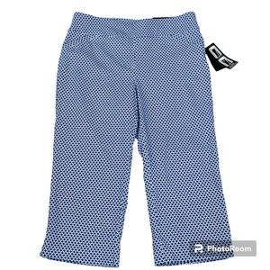 Kim Rogers Blue White Print Super Stretch Capri Pants Tummy Panel Womens Size 12